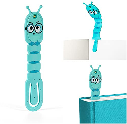 Gifts for Readers & Writers Bookmark Reading Light Bookworm Teal - 2in1 Clip On Bookmark Kids Book Light for Reading Night in Bed, Travel Cute Book Lights, Flexible 8 Lumen LED Lights