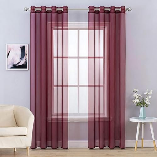 MIULEE 2er Set Voile Vorhang Weihnachtsdeko mit Ösen Transparente Gardine aus Voile Polyester Ösenschal Transparent Wohnzimmer Luftig Dekoschal für Schlafzimmer Rot 160 x 140cm H x B, Grommet Top
