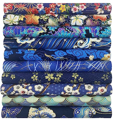 aufodara 10Pcs Cotton Craft Fabric Patchwork Bundle 20x25 cm, Japanese Style Printed Floral Beautiful Gold Patterns Bronzing Cloth for Sewing Quilting DIY Artcraft Handwork (Navy, Blue)