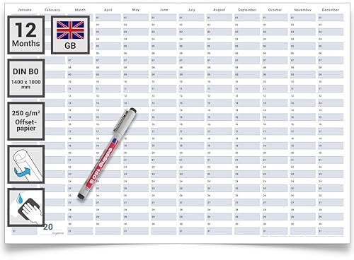 Gigatime Din B0 Calendrier permanent calendrier anniversaire calendrier mural éternel perpétuel 140 x 100 cm avec marqueur réutilisable en permanence, essuyable, quelle que soit l'année - anglais