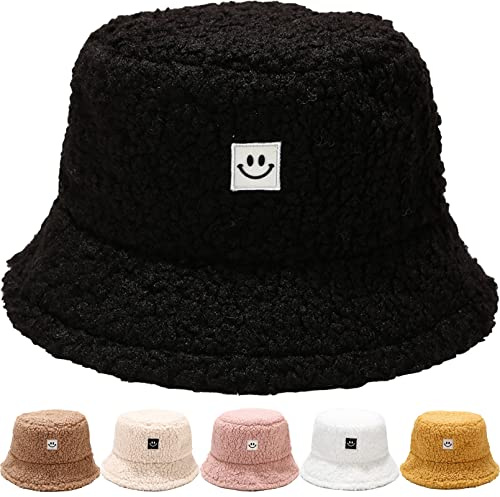 Cappello Pescatore Invernale Cappello da Pescatore Peloso Donna Invernali Caldo Soffici Sfocato Peluche Cappello in Pelliccia Sintetica Bucket Hat Fluffy Cappellino Pescatore in Peluche Caldo (Nero)