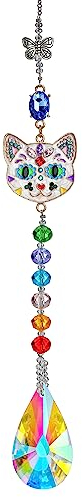 Attrape-soleil en forme de tête de chat en cristal avec pendentif papillon à suspendre, prismes colorés en cristal arc-en-ciel, décoration d'arbre de Noël