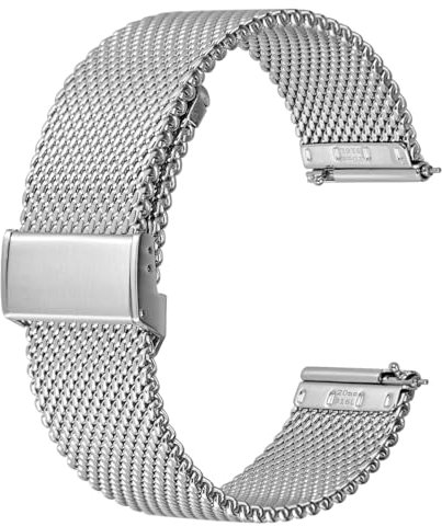 BISONSTRAP 316L Edelstahl Mesh Uhrenarmband für Damen und Herren, Gewebtes Metall Armband, 18mm, Silber