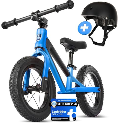 FAST N FUN Laufrad ab 2 Jahre mit Helm [2-5 Jahre] Kinder-Laufrad 12 Zoll Ultraleicht Tragegriff Fußstütze Magnesiumrahmen ergonomischer Sitz höhenverstellbar bis 50kg Luftreifen Lauflernrad Jungen