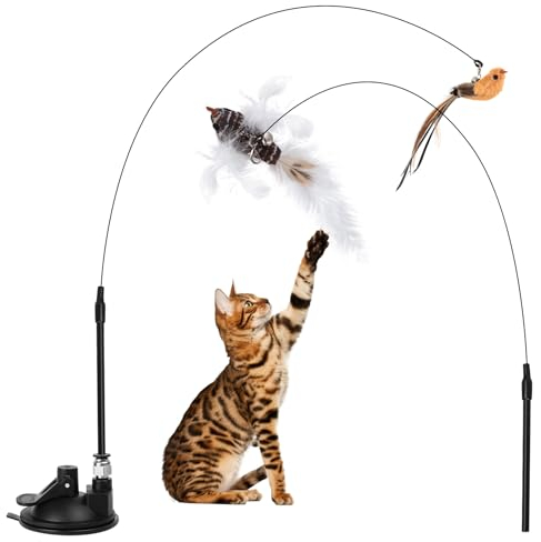 2 Set Katzenspielzeug Selbstbeschäftigung, Interaktives Katzenspielzeug Intelligenz Katzen Spielzeug mit Vogel Federn, Katzenspielzeug Angel, Katzenangel Stabil mit Saugnapf Cat Toys Federspielzeug