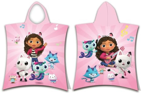 Jerry Fabrics Gabby's Dollhouse - Poncho con capucha para niños, 100 % algodón, 115 x 50 cm | Toalla de baño y playa con capucha, Pandy Paw, Mercat, Cakey Cat, Fairy, regalo para niñas, niños y