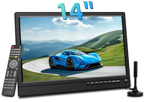 Feihe 14 inch Small Kitchen TV with Digital ATSC Tuner, Built-in TV Stand and Remote Control, HDMI, USB, TF,Hearphone Port for Kitchen/Bedroom/RV/Camping