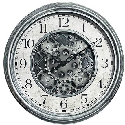 Lily's Home 15 Moving Gears Wall Clock, Large Modern Clocks for Living Room Decor, Industrial Steampunk Vintage Decorative Wall Clock for Home, Office - Intricate Gear Design, Bold Numbers (Silver)