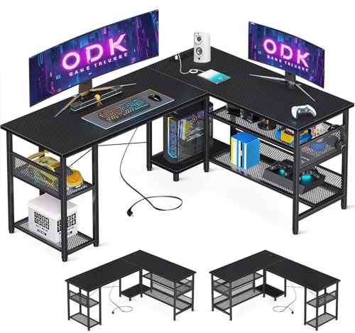ODK Escritorio Gaming en Forma de L con Diseño Reversible, Escritorio con Gran Almacenamiento, Escritorio Esquinero con 2 Enchufes y 2 Puertos USB, 150×102 cm (Fibra de Carbono Negro)