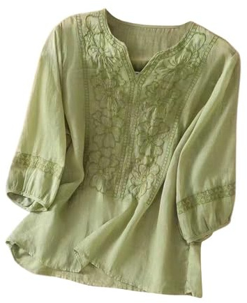 Blouses for Women UK Plus Size Linen Shirt Women Summer Embroidery Linen Tunic Tops Retro Jacquard Short Sleeve Boho Blouse Casual Loose Fit Flowy Hem Tee My+Orders