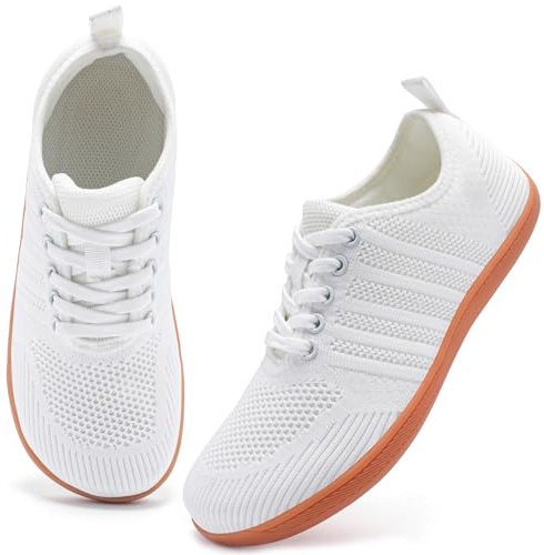 Barefoot Shoes for Womens Trainers Tide Toe Box Memory Foam Arch Support Running Shoes Ladies Lace Up Lightweight Non Slip Outdoor Walking Sneakers White UK 5