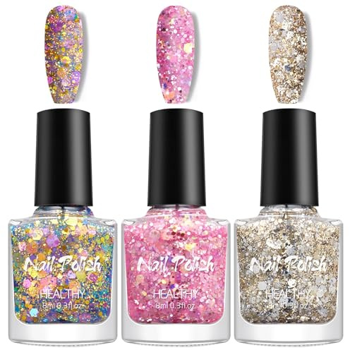 Set di 3 smalti glitterati, smalti lucidi ad asciugatura rapida e a lunga tenuta, non tossici, a base d'acqua, per principianti del fai da te, nail art, saloni di manicure, smaltis colorati