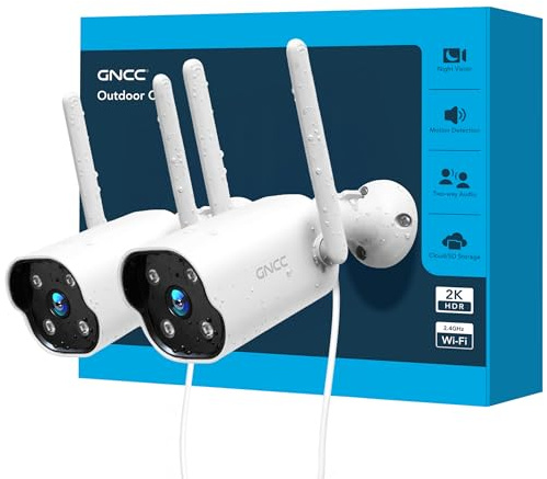 GNCC GT1Pro Kit 2 Telecamere Wi-Fi Esterno 2K, Fisso Videocamera Sorveglianza, IP65, Rilevamento Movimento, Notifiche APP, 24/7, Solo WiFi a 2,4 GHz, Archiviazione Cloud e Micro SD, Plug-in