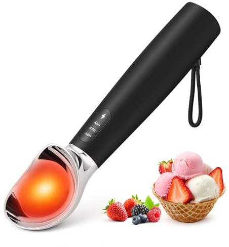 Gaethra Cuchara Helado, Cuchara de Helado Eléctrica con 3 Posiciones de Calentamiento, Recargable, Impermeabilidad IPX7, Porcionador de Bolas Antiadherente, Ice Ball Scoop para Helados Duro