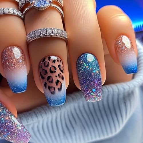 Viugex 24Pcs French False Nails Medium Coffin, Blue Purple Gradient Press on Nails, Leopard Print Acrylic Fake Nails Set, Reusable Full Cover Glitter Stick on Nail for Women Girls Finger Decoration