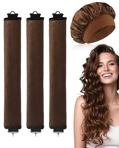 CULEB 3Pcs Bigodini Senza Calore con 1 Cuffia di Seta,Bigodini Morbidi per Dormire,Heatless Curls,Hair Curler,Ferro Arricciacapelli Senza Calore,Velluto Fascia Morbida per Tutti Tipi Capelli,Marrone