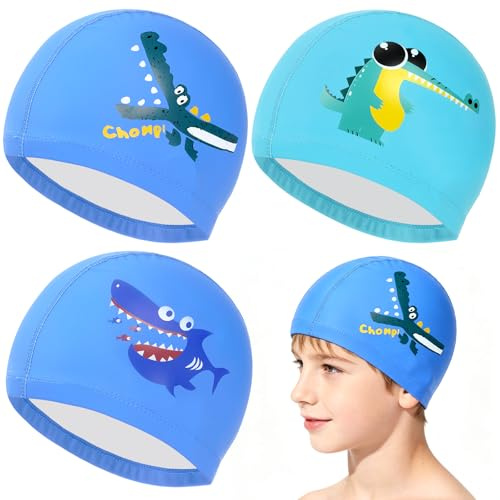 3 Pcs Swimming Caps Kids,Comfortable and Anti-Slip Swimming Hat with Cute Patterns,Waterproof Elastic Swim Cap for Boys Girls Aged 4-12