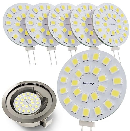 JAUHOFOGEI G4 rund LED Lampen, 2w ersetz 20w Halogen Stiftsockellampe Glühbirne, 12V AC/ 10-30V DC, Leuchtmittel G4 für Unterbauleuchte Einbaustrahler Möbeleinbauleuchte, Kaltweiss, 6 Stück