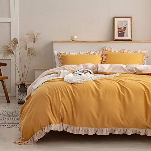 Loussiesd Ruffle Bedding Set, Super Soft Luxury Yellow Washed Microfiber 2pcs Comforter Cover Set, Shabby Chic Farmhouse Duvet Cover and Pillow Shams, Zipper Closure & Corner Ties, Easy Care Double