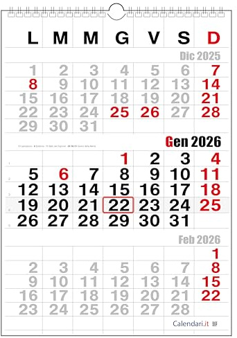 Calendario 2026 a 3 mesi stile trittico da muro solo numeri con segna giorno