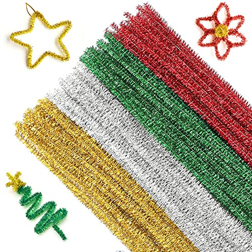 G2PLUS Glitter Pipe Cleaners - 100PCS Sparkly Craft Pipe Cleaners, 30CM, 6mm, 4 Colors for DIY Craft Projects & Christmas Ornament Making