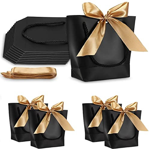 DOUSELLA 12 Stück Geschenktüten mit Schleife Papier Geschenkbeutel Schwarz Papiertüten mit Bogen Band Tragbare Partytüten Geschenktasche mit Schleifenbändern für Weihnachten, Hochzeit, Geburtstag