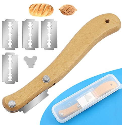 Wilsonzin Bäckermesser Brot Lame mit Holzgriff Teig Rasiermesser Werkzeug Einschneiden Bäckermesser Rasierklinge Brot Bäcker Cutter für DIY Brotteig Backformen Küche Backen Zubehör（Mit 5 Klinge）