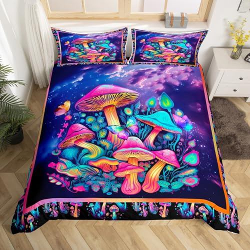 Homewish Neon Pilz 135x200 Bettbezug Pflanze Pilz Trippy Bettwäsche Set für Mädchen Jungen Kinder, Rosa Teal Lila Verlaufs Galaxy Psychedelic Tröster Abdeckung, Bunte Schmetterling Bett Set