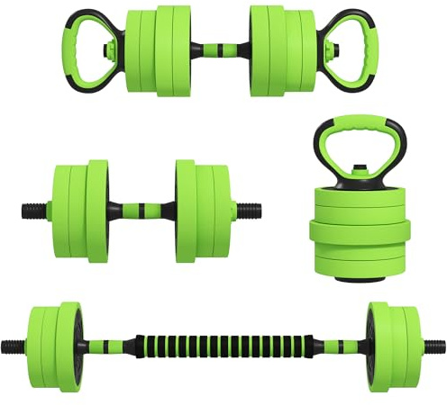 SPORTNOW Juego de Mancuernas Ajustables 4 en 1 20kg, Juego de Pesas como Kettlebell, Barra, Mancuernas o Soporte para Flexiones, Equipo de Fitness para Hombres y Mujeres, Casa Gimnasio, Verde