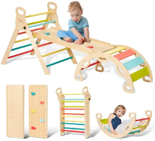 Giant bean Trianglello per Arrampicata Montessori 5 in 1 con Arco da Scalata e Scivolo, Struttura in Legno per Bambini 2-5 Anni, Gioco per Arrampicata Interna, Arcobaleno con Maniglie​ (L)