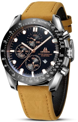LN LENQIN Orologio Uomo Cinturino Pelle Orologio Analogico al Quarzo per Uomo Impermeabile Luminoso Classico Elegante Moda Sportivo Affari Orologio da Polso Con Datario (Brown Black)
