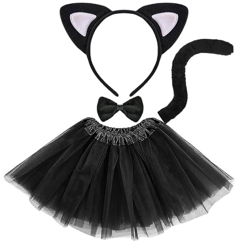 LUYANFX Costume Gatto Nero Bambina, Set di Costumi Gatto con Cerchietti Orecchie da Gatto Coda Papillon e Gonna Tutu, Accessori Costume Cosplay di Halloween Carnevale per Ragazze Donna