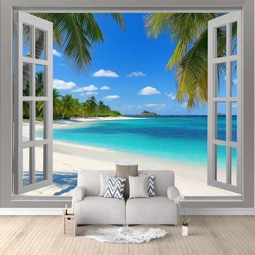 Papier Peint Intissé Plage Tropicale Fenêtre Sable Palmiers 200 x 140 cm Papier Peint Photo Panoramique, Poster Geant Mural Personnalisé 3D, pour Salon Cuisines Chambre Adulte Enfant Décor Murale