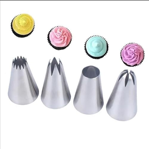 4 Pcs Large Piping Nozzle Tip Cake Decorating, Stainless Steel Cake Icing Nozzles Piping Tips Kit for Baking DIY Cookie Cream Cupcake Electrones Decorating Pastry Tips Tool