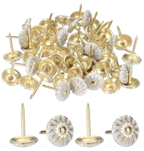 QUARKZMAN 50Pcs Tachuelas Para Tapicería, 7/16 x 11/16 Cabeza De Flor Vintage Clavos Decorativos Para Muebles Tachuelas Para Sofá Silla Cama, Dorado/Blanco