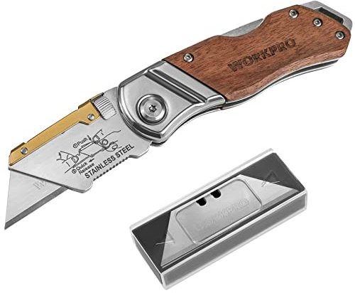 WORKPRO Folding Utility Knife with Belt Clip and Extra 10-piece Blades, Wood Handle Heavy Duty Cutter, Quick-change & Back Lock