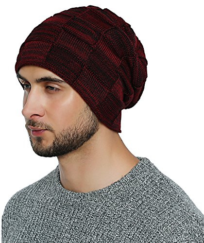 DonDon Beanie hat men Winter hat Knit knitted Long Slouch with fleece lining - Dark red Black