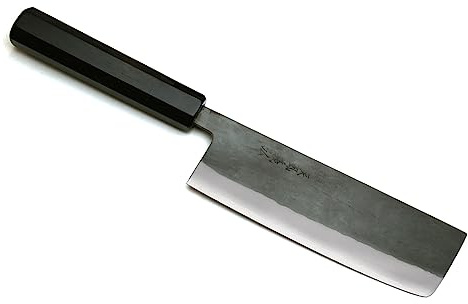 Yoshihiro Kurouchi Black-Forged Blue Steel Stainless Clad Nakiri Japanese Vegetable Knife Ebony Handle (6.5'' (165mm) & No Saya)