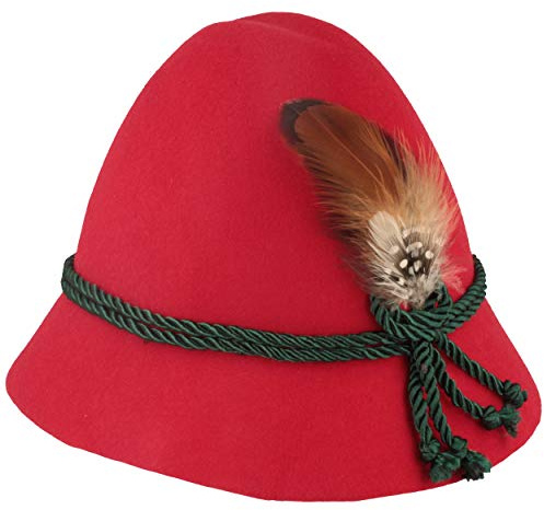 Breiter Cappello per Bambini in Feltro per Costume Regionale Berretto Tradizionale Bavarese 100% Lana con Cordoncino di Seta e Piccola Piuma per Ragazze e Ragazzi Rosso 52