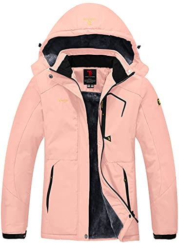 donhobo Womens Waterproof Jacket Winter Warm Fleece with Hood Windproof Camping Hiking Coat(Pink,L)