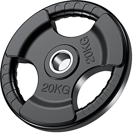 PhysKcal Olympiska Viktskivor 1 x 20kg med Gummifinish 2'' Öppning och Tri-Grips, Svarta Skivstångsskivor i Par eller Singel för Lyftning och Styrketräning