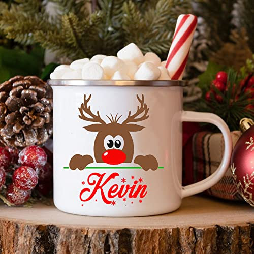 Tasses en émail de cerf personnalisées/Nom personnalisé tasse de chocolat au chocolat chaud de Noël boire du lait tasses à poignée de frère et sœur cadeaux de Noël pour les enfants tasse à
