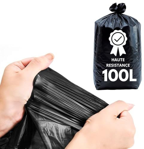 Sac Poubelle 100L Renforcé | Lot de 100 Sacs Ultra Résistants | Gamme Professionnelle | Déchets Lourds et Ordures Humides Jusqu'à 25 KGS | Travaux - Bureaux - Commerces - Restauration (100 Litres)