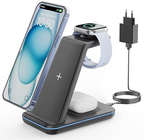 GEEKERA Wireless Charger, 3 in 1 Induktive Ladestation für iPhone Air/17/16/15/14/13/12/11/Pro Max, Ladestation für Apple Watch Ultra 3-1/11-2/SE, Kabelloses Ladegerät für AirPods Pro 3-2/4-2, Schwarz