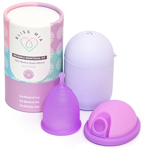 BlissMia Reusable Menstrual Cup & Disc Kit (Large) | Soft Medical-Grade Silicone | Pull-Tab for Easy Removal | 12-Hour Wear | Heavy Flow Pad & Tampon Alternative | Sterilizer/Case | No pH Disruption