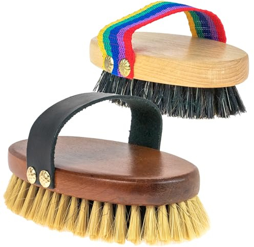 Horse Grooming Brushes Set – 2 Sizes Natural Bristle Brushes with Leather Strap Handles – Professional Equestrian Grooming Kit