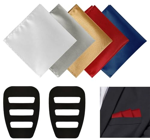 Liwein 5 Stück Einstecktuch für Herren, Stofftaschentücher Mit 2 Haltern, Einfarbig Uni (22 * 22cm) (Weiß Grau Gold Rot Blau)