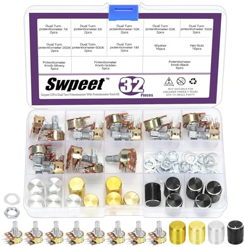 Swpeet 32 st 8 typ B1K 5K 10K 50K 100K 250K 500K 1M Ohm 6 stift delad axel roterande linjär dubbel konisk ljud B typ potentiometer med 3 typer aluminiumlegering knopp (WH148) och brickor och muttrar