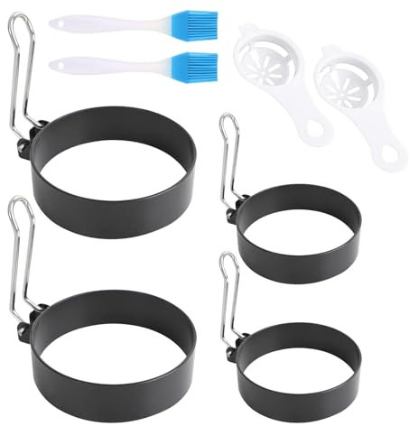 4 stampi per uova fritte, pancake, versatili, stampi per uova fritte e pancake, in acciaio inox, set da 4 forme (7,5 cm e 9 cm) + 2 separatori per uova e 2 spazzole per una perfetta variazione della