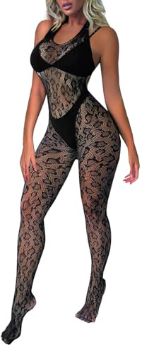 Buitifo Lencería Sexy para Mujer,Body de red,con Estampado de Leopardo,para Rave (negro T4, Talla única)